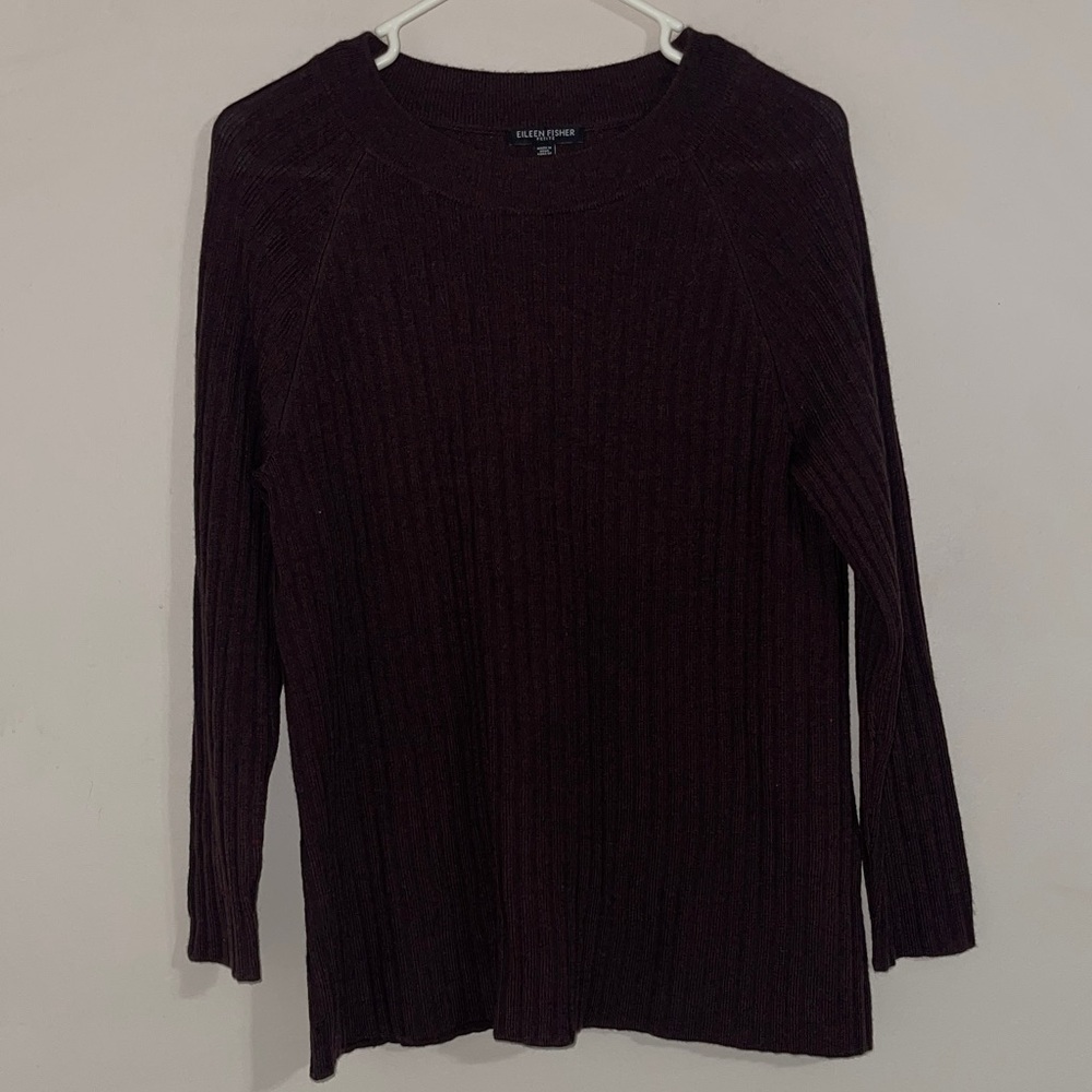 Eileen Fisher Fine Merino Wool Crew Neck Sweater Brown Size SP Ribbed Luxury